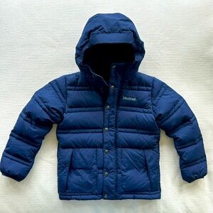 Marmot 700 Fill Down Hoody Puffer Coat - Navy, Size Small.